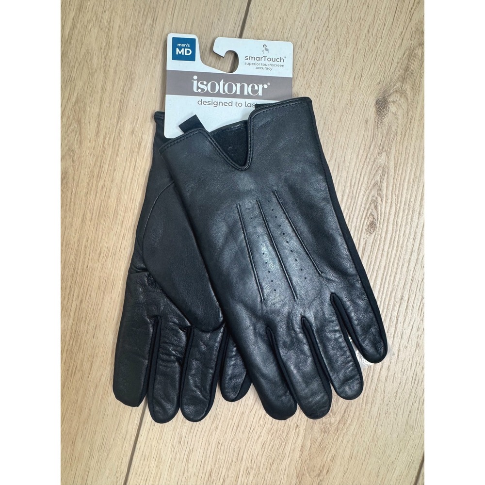 Isotoner Men's Black Genuine Leather Gloves SmarTouch Touchscreen Compatible MED
